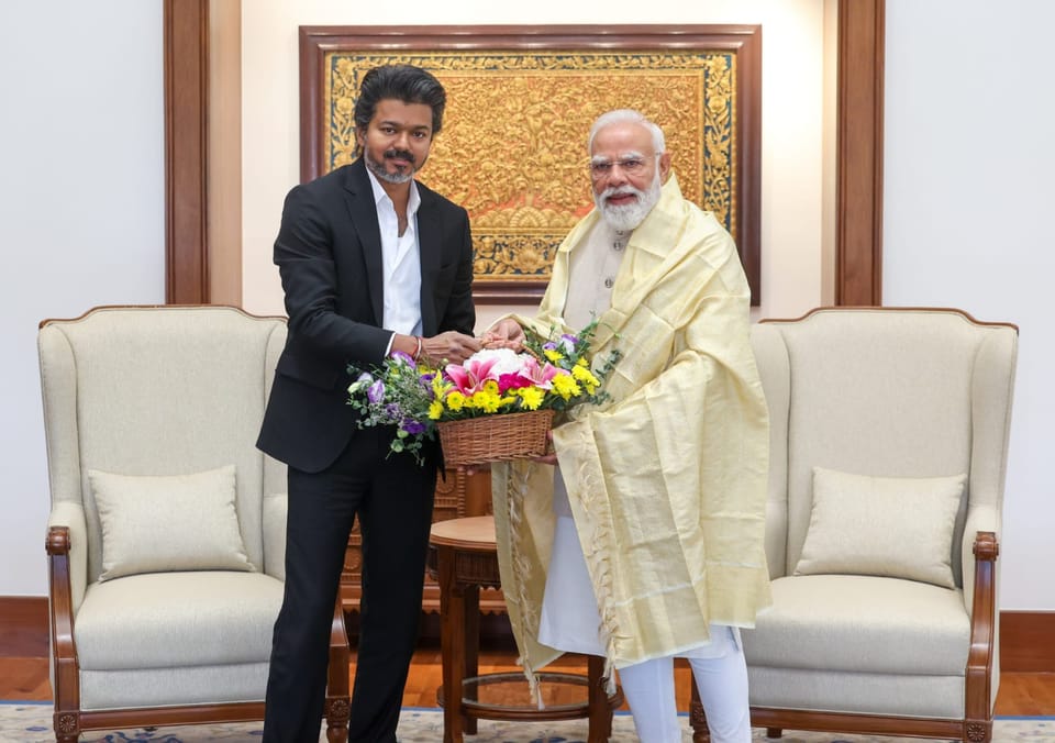 தமிழ்நாடு முதலமைச்சராகப் பொறுப்பேற்ற பிறகு, திரு. சி. ஜோசப் விஜய் அவர்கள் புதுடெல்லியில் பாரதப் பிரதமர் திரு. நரேந்திர மோடி அவர்களைச் சந்தித்துப் பேசிய முக்கியமான நிகழ்வின் செய்தி